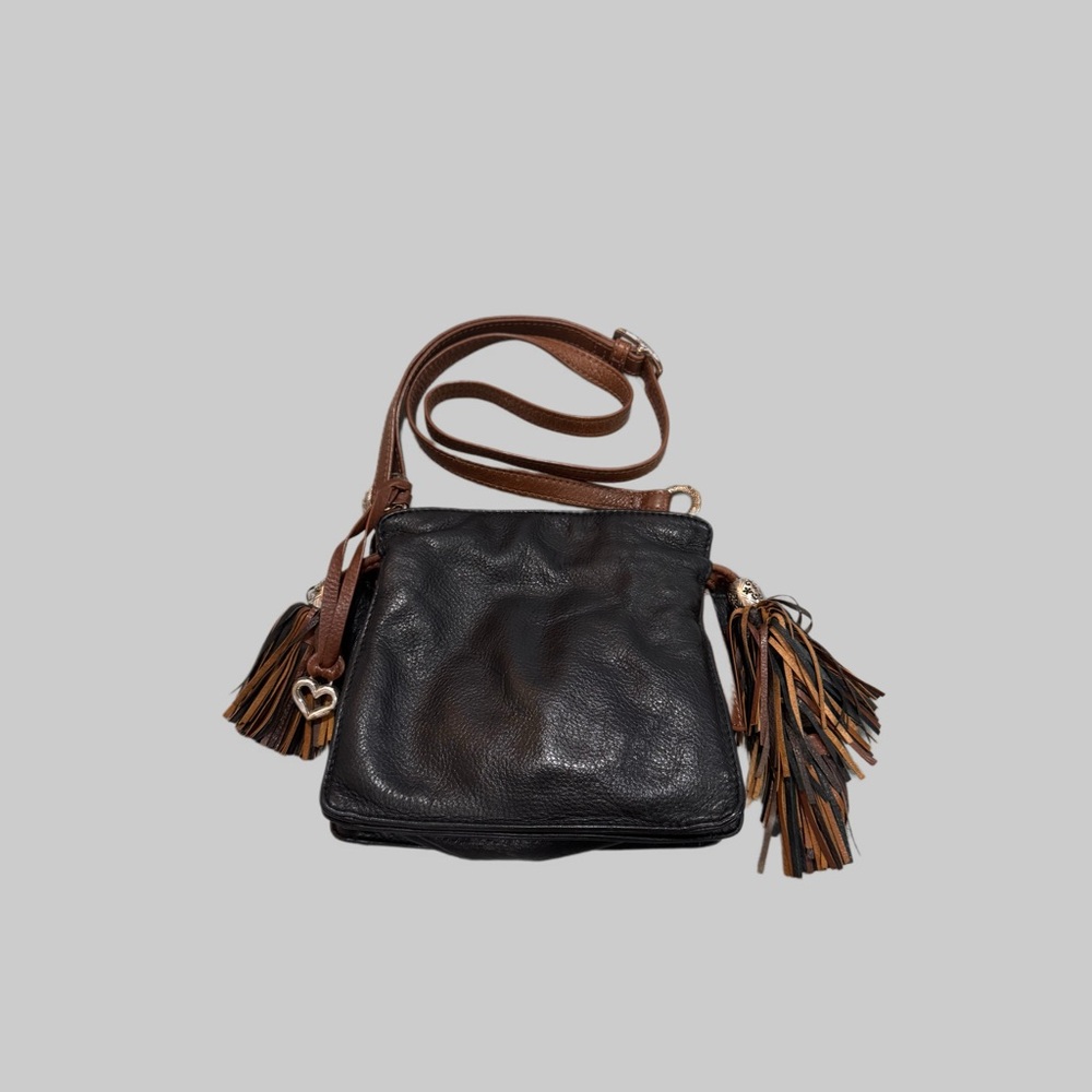 BRIGHTON ETTA Crossbody Bag Black & Brown w Boho Tassels Adjustable Strap Charm